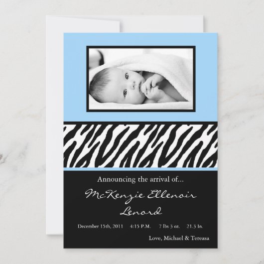 5x7ブラックLigh Blue Zebra PHOTO Birth Announcement 案内状 (正面)