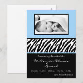 5x7ブラックLigh Blue Zebra PHOTO Birth Announcement 案内状 (正面/裏面)