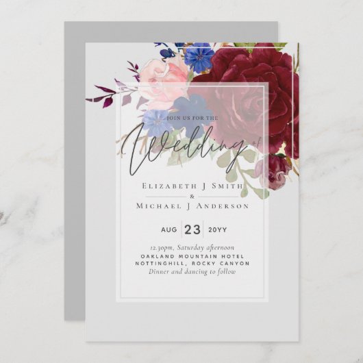 5x7ブルゴーニュブルーピンクフローラ結婚式招待状 (正面/裏面)