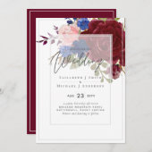 5x7ブルゴーニュブルーピンクフローラ結婚式招待状 (正面/裏面)
