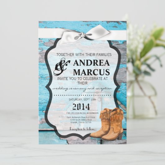 5x7ブルーウッドバーンドアブーツカントリー素朴 招待状 (スタンド正面)
