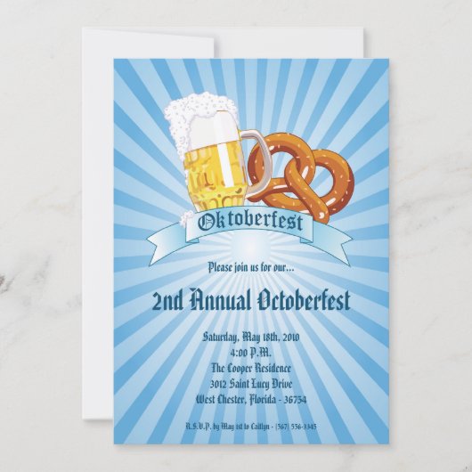 5x7ブルーオクトーバーフェストビールプレッツェルパーティの招待状 招待状 (正面)