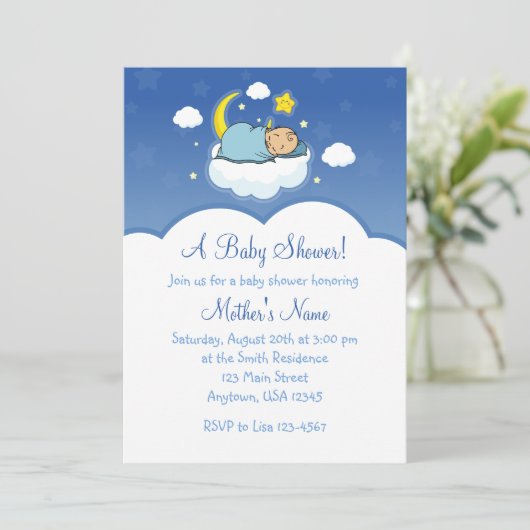 5x7ブルークラウド男の赤ちゃんベビーシャワー招待状 招待状 (スタンド正面)
