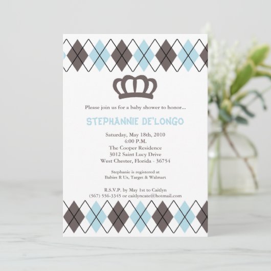 5x7ブルーグレーのアーガイル柄のな王冠のベビーシャワーの招待状 招待状 (スタンド正面)