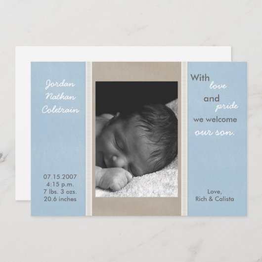 5x7ブルーグレーリボンバンド写真誕生のお知らせ 案内状 (正面/裏面)