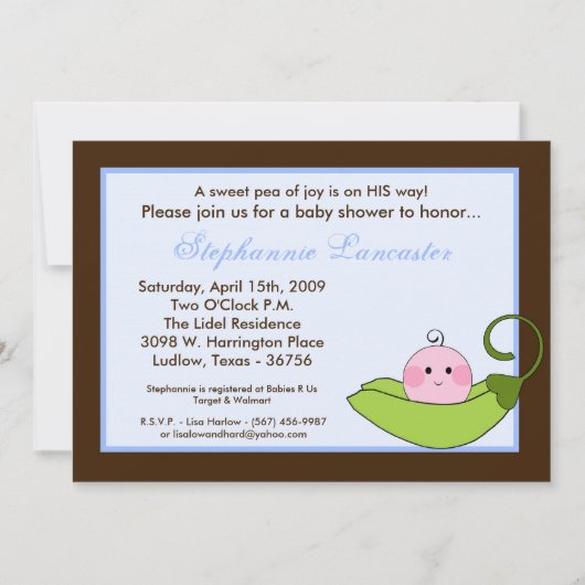 5x7ブルースイートピーインポッドベビーシャワー招待状 招待状 (正面)