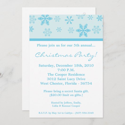 5x7ブルースノーフレークスクリスマスパーティの招待状 招待状 (正面/裏面)