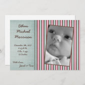 5x7ブルーピンク色のストライプ写真誕生のお知らせ 案内状 (正面/裏面)