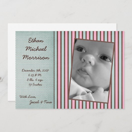 5x7ブルーピンク色のストライプ写真誕生のお知らせ 案内状 (正面/裏面)