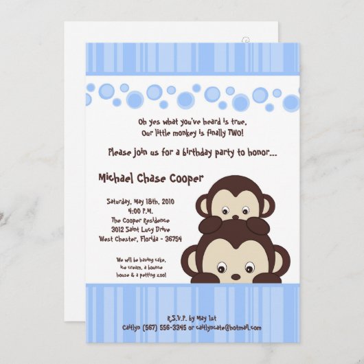 5x7ブルーボーイモンキーポップ・アートの誕生日招待状 招待状 (正面/裏面)