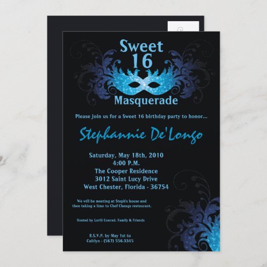 5x7ブルーマスカレードスイート16誕生日招待状 招待状 (正面/裏面)