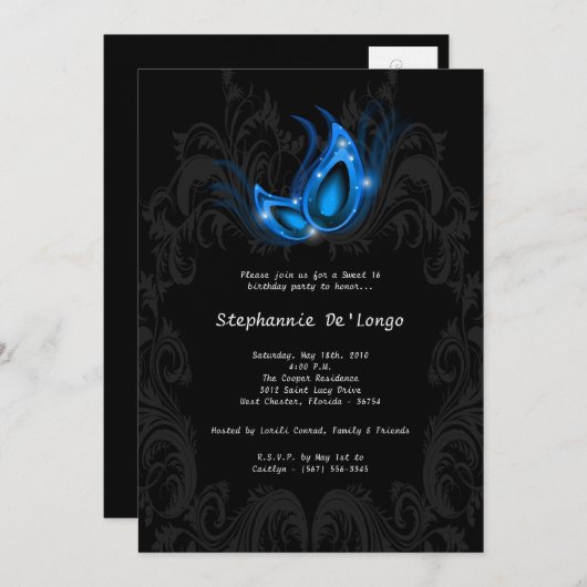 5x7ブルーマスカレードスイート16誕生日招待状 招待状 (正面/裏面)