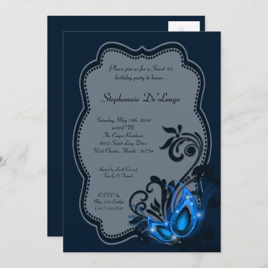 5x7ブルーマスカレードスウィート16誕生日招待状 招待状 (正面/裏面)