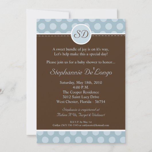 5x7ブルーモノグラム水玉模様ベビーシャワー招待状 招待状 (正面)