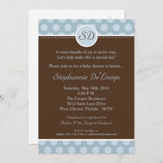5x7ブルーモノグラム水玉模様ベビーシャワー招待状 招待状 (正面/裏面)