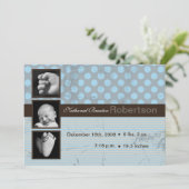 5x7ブルー水玉模様ストライプ写真の誕生のお知らせ 案内状 (スタンド正面)