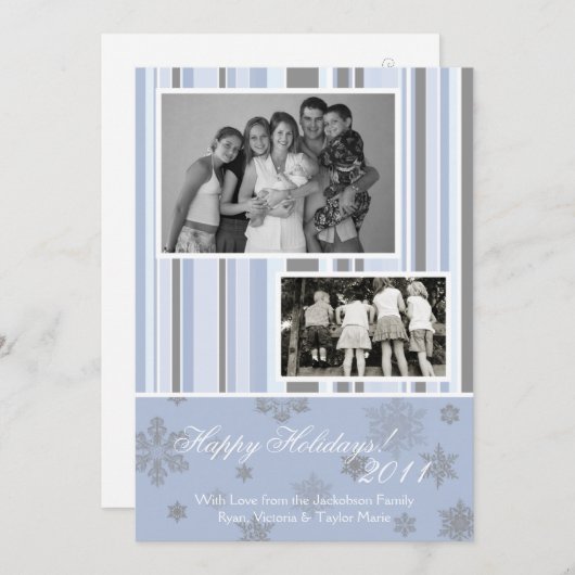 5x7ブルー&シルバースノーフレークフォトクリスマスカード シーズンカード (正面/裏面)