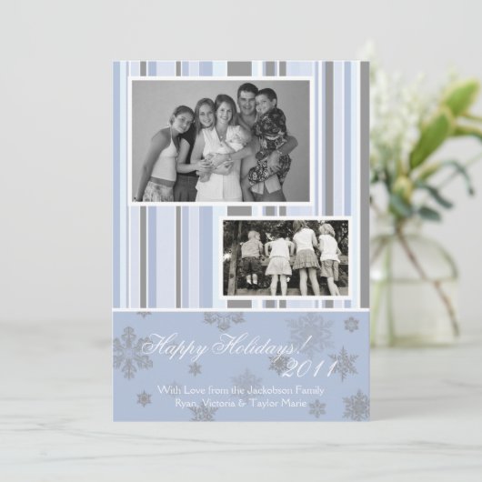 5x7ブルー&シルバースノーフレークフォトクリスマスカード シーズンカード (スタンド正面)