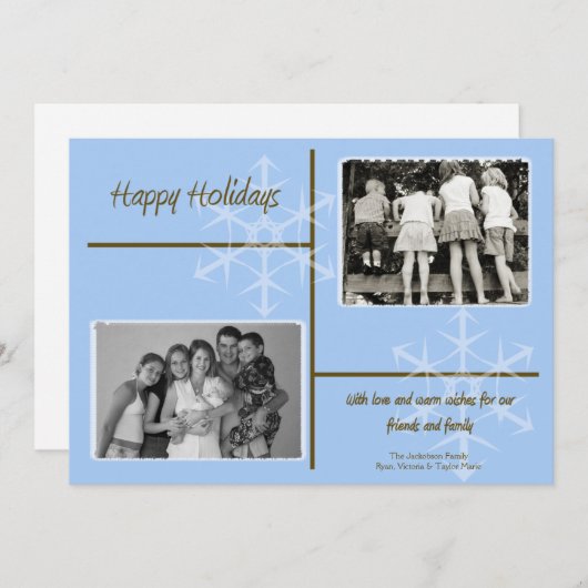 5x7ブルー&ブラウンスノーフレークPHOTOクリスマスカード シーズンカード (正面/裏面)