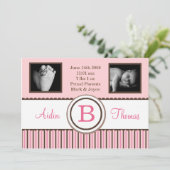 5x7ベビーガールピンクストライプのの写真の誕生のお知らせ 案内状 (スタンド正面)