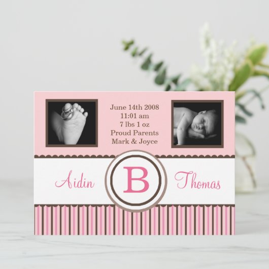 5x7ベビーガールピンクストライプのの写真の誕生のお知らせ 案内状 (スタンド正面)