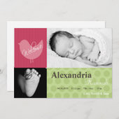 5x7ベビーガールピンクバード写真誕生のお知らせ 案内状 (正面/裏面)
