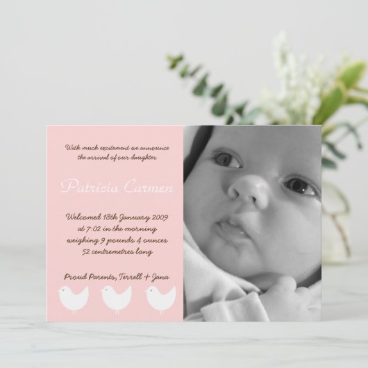 5x7ベビーガールピンク3羽の鳥の写真の誕生のお知らせ 案内状 (スタンド正面)