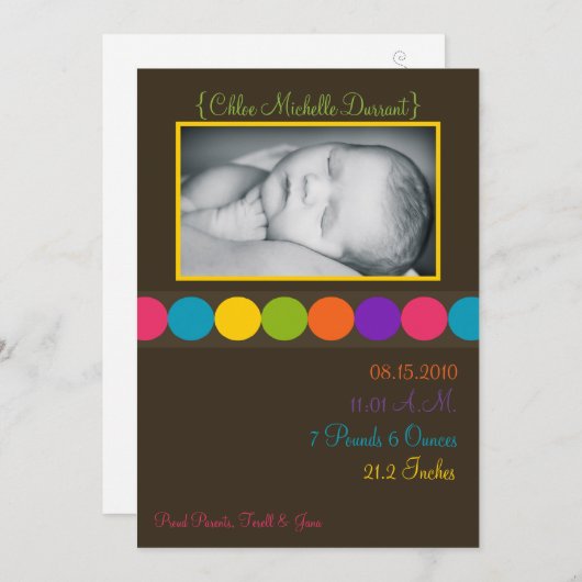 5x7ベビーガールブラウンポルカ写真誕生のお知らせ 案内状 (正面/裏面)