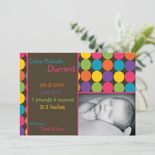 5x7ベビーガールブラウンポルカ写真誕生のお知らせ 案内状 (スタンド正面)