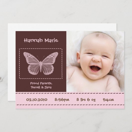 5x7ベビーガール蝶々写真誕生のお知らせ 案内状 (正面/裏面)
