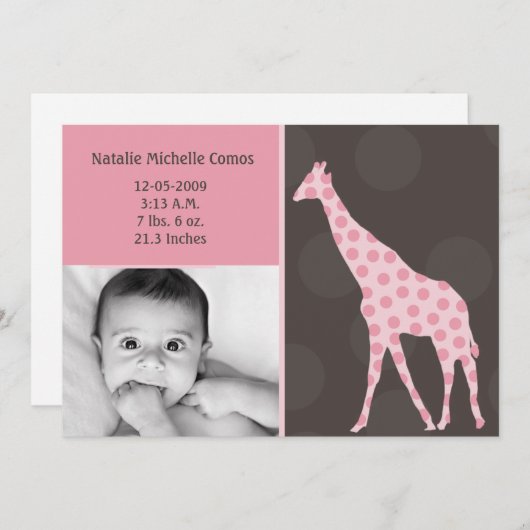 5x7ベビーガールPinkGiraffe写真誕生のお知らせ 案内状 (正面/裏面)