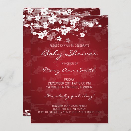 5x7ベビーシエレガントャワーさくらんぼブロッサムレッド 招待状 (正面/裏面)