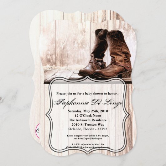 5x7ベビーシャワー招待状ブーツ田舎風 招待状 (正面/裏面)