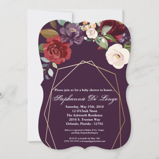 5x7ベビーシャワー招待状プラムパープルバラ金ゴールド 招待状 (正面)