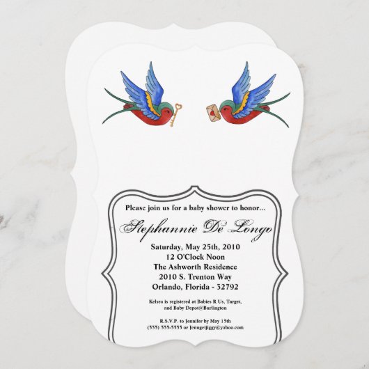 5x7ベビーシャワー招待状伝統的バードタトゥー 招待状 (正面/裏面)