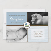 5x7ベビーBoyBlueベビーカー写真の誕生のお知らせ 案内状 (正面)