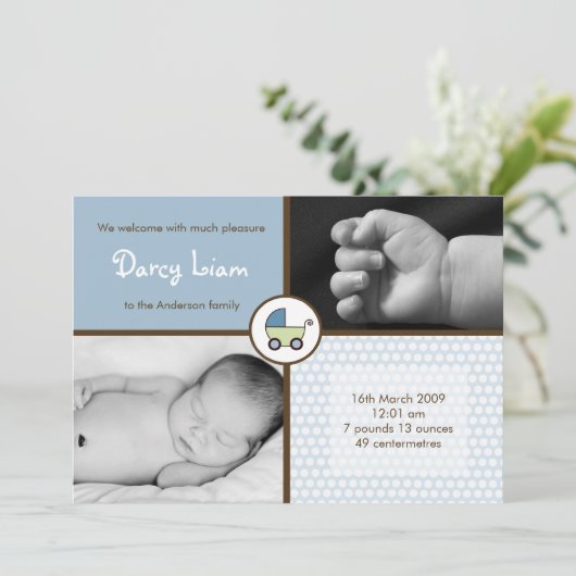 5x7ベビーBoyBlueベビーカー写真の誕生のお知らせ 案内状 (スタンド正面)