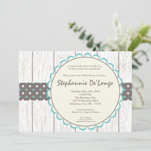 5x7ボーイブルー水玉模様ポークベビーシャワー招待状 招待状 (スタンド正面)