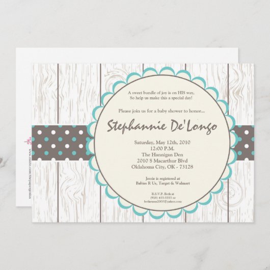 5x7ボーイブルー水玉模様ポークベビーシャワー招待状 招待状 (正面/裏面)