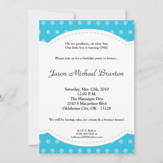 5x7ボーイブルー水玉模様ポーク誕生日招待状 招待状 (正面)
