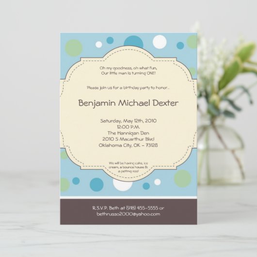 5x7ボーイブルー水玉模様ポーク誕生日招待状 招待状 (スタンド正面)