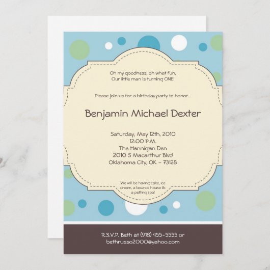 5x7ボーイブルー水玉模様ポーク誕生日招待状 招待状 (正面/裏面)