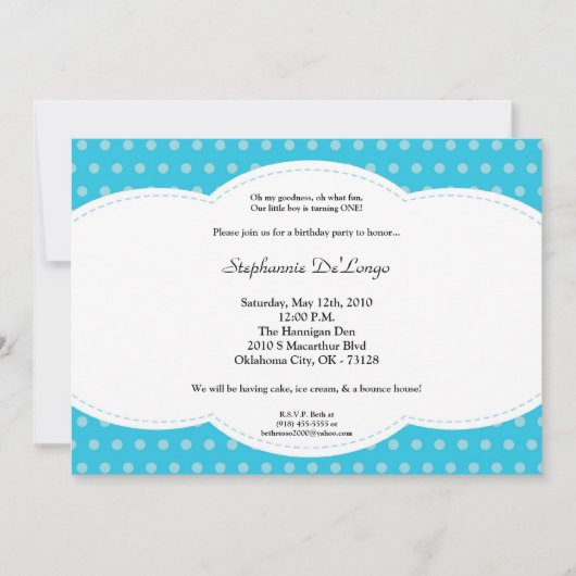 5x7ボーイブルー水玉模様ポーク誕生日招待状 招待状 (正面)