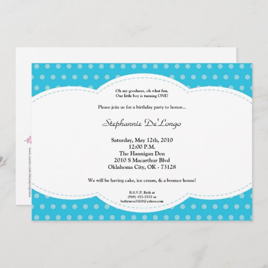 5x7ボーイブルー水玉模様ポーク誕生日招待状 招待状 (正面/裏面)