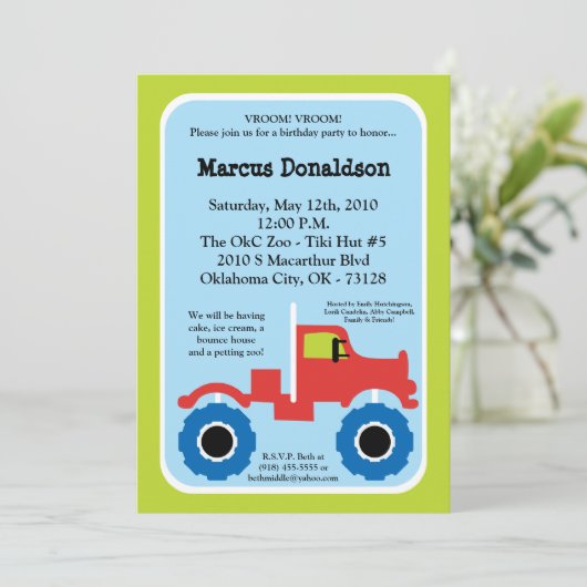 5x7ボーイモンスタートラック誕生日パーティーへの招待 招待状 (スタンド正面)