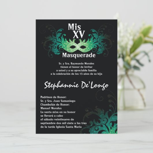 5x7マスカレードキンセアニェラ誕生日招待状 招待状 (スタンド正面)