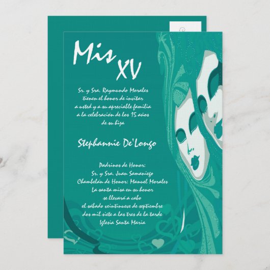 5x7マスカレードキンセアニェラ誕生日招待状 招待状 (正面/裏面)