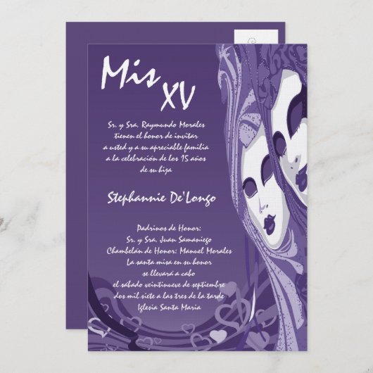 5x7マスカレードキンセアニェラ誕生日招待状 招待状 (正面/裏面)