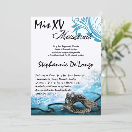 5x7マスカレードキンセアニェラ誕生日招待状 招待状 (スタンド正面)