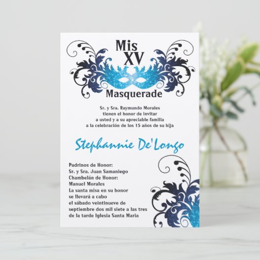 5x7マスカレードキンセアニェラ誕生日招待状 招待状 (スタンド正面)